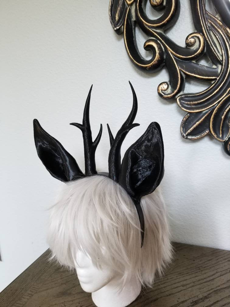 Jackalope ears and Antlers fantasy costume black animal ears- horns cosplay fantasy rabbit ears and horns - Mud And Majesty