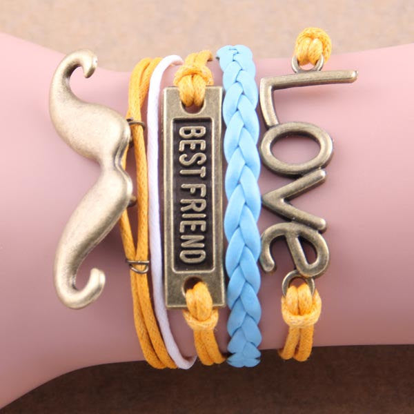 Gold Mustache bracelet Best Friend bracelet Love Bracelet Yellow cord bracelet  Blue Braid leather bracelet - Mud And Majesty